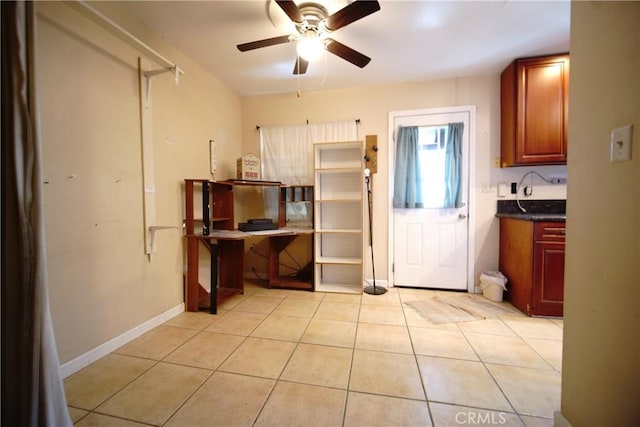 73203 Sun Valley Dr Unit 29, Palms, CA 92277 - kitchen with a ceiling fan, light tile patterned floors, and dark countertops
