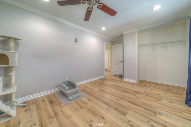 unfurnished bedroom with baseboards, ornamental molding, a closet, and recessed lighting