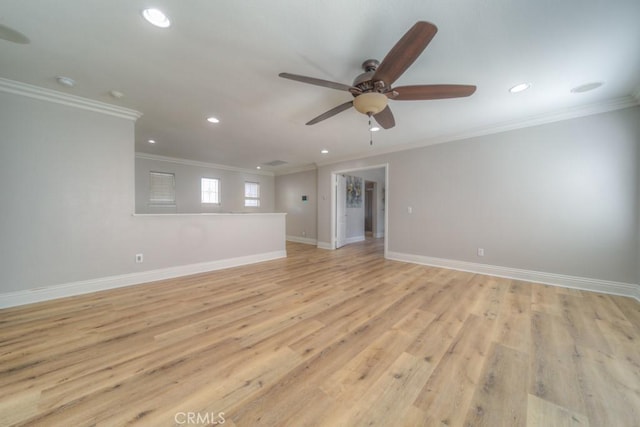 empty room with recessed lighting, ceiling fan, and ornamental molding