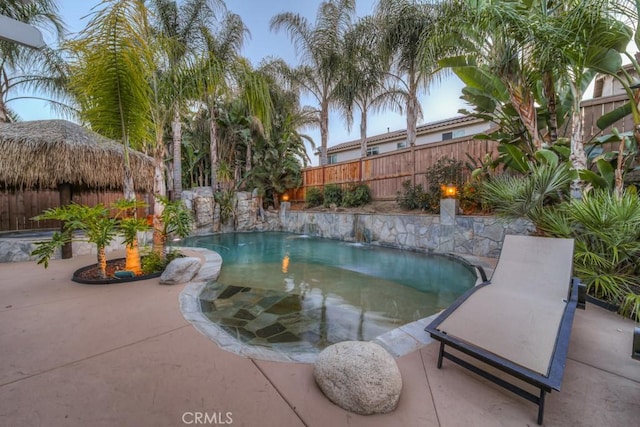 view of pool with a fenced in pool, a fenced backyard, and a patio