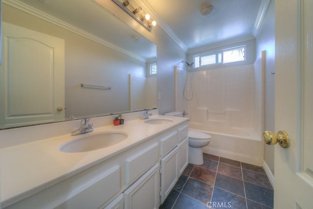 full bath with a sink, crown molding, shower / bath combination, and double vanity