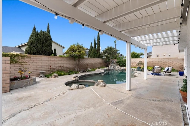 view of pool with a fenced in pool, a fenced backyard, an in ground hot tub, and a patio area