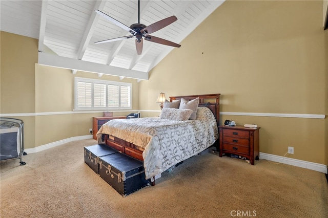 11 Northwind Ct Unit 41, Newport Beach, CA 92663 - bedroom featuring carpet floors, a ceiling fan, a wood ceiling with exposed beams, and high vaulted ceiling