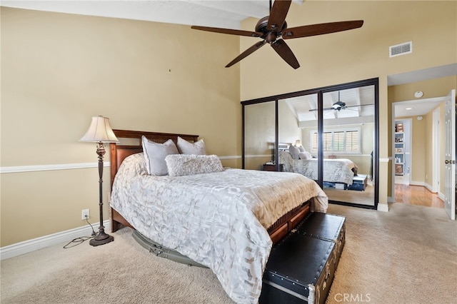 11 Northwind Ct Unit 41, Newport Beach, CA 92663 - bedroom with carpet flooring, high vaulted ceiling, and a ceiling fan