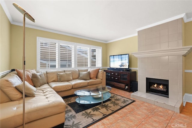 11 Northwind Ct Unit 41, Newport Beach, CA 92663 - living area featuring crown molding, a fireplace, and tile patterned floors