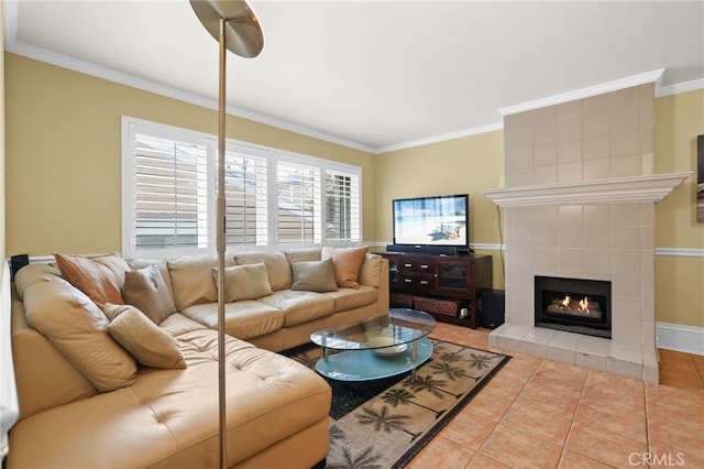11 Northwind Ct Unit 41, Newport Beach, CA 92663 - living area with ornamental molding, tile patterned floors, and a tile fireplace