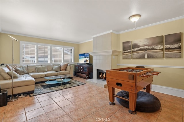 11 Northwind Ct Unit 41, Newport Beach, CA 92663 - playroom with ornamental molding, tile patterned flooring, and a fireplace