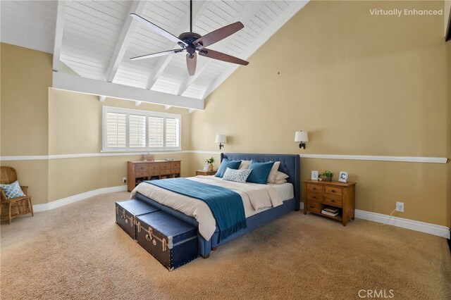 11 Northwind Ct Unit 41, Newport Beach, CA 92663 - carpeted bedroom featuring high vaulted ceiling, a wooden ceiling with exposed beams, and ceiling fan