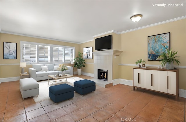 11 Northwind Ct Unit 41, Newport Beach, CA 92663 - living area with light tile patterned floors, a tile fireplace, and crown molding