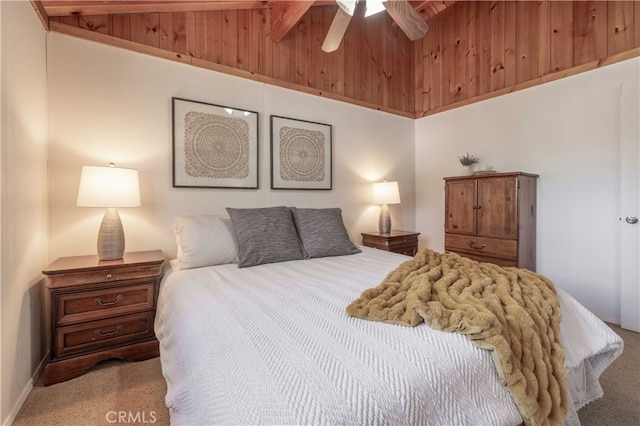 bedroom featuring carpet flooring, high vaulted ceiling, and ceiling fan