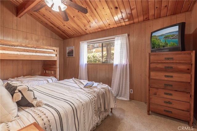 bedroom featuring ceiling fan, light carpet, wooden ceiling, wood walls, and lofted ceiling