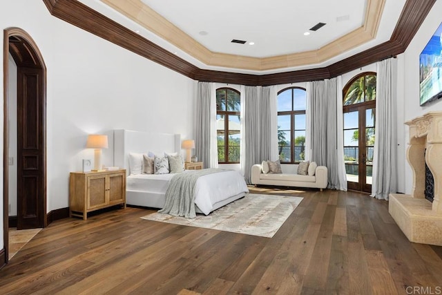 5015 Rancho Quinta Bnd, San Diego, CA 92130 - bedroom with ornamental molding, multiple windows, access to exterior, dark wood-style flooring, and a high ceiling