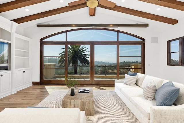 5015 Rancho Quinta Bnd, San Diego, CA 92130 - living area featuring recessed lighting, wood finished floors, a ceiling fan, and french doors