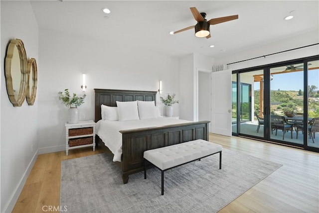 bedroom with a ceiling fan, light wood-style flooring, baseboards, access to exterior, and recessed lighting