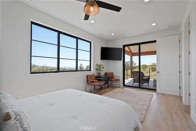 bedroom featuring light wood-style flooring, access to outside, recessed lighting, and ceiling fan