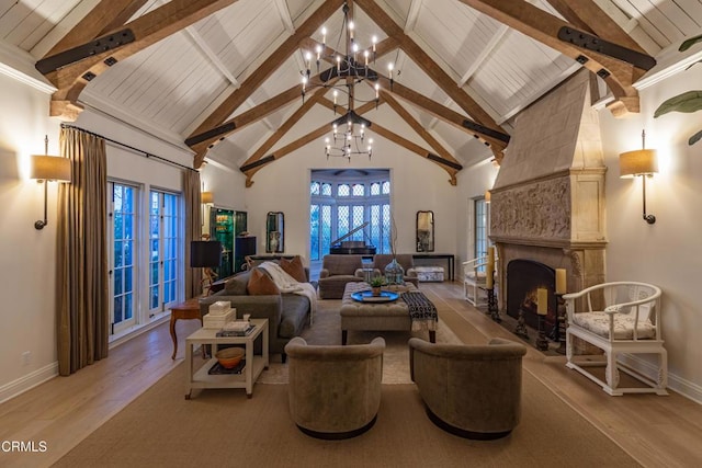 233 Hillside Rd, South Pasadena, CA 91030 - living area with a chandelier, light wood finished floors, high vaulted ceiling, baseboards, and wooden ceiling