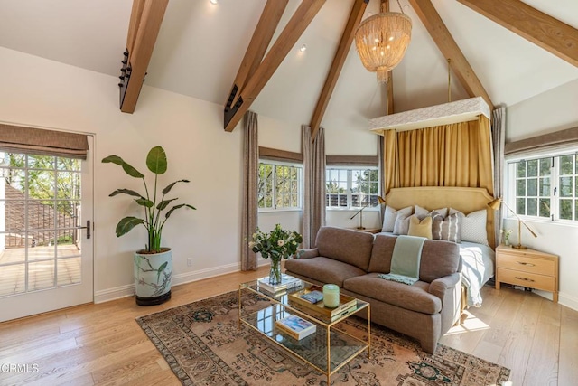 233 Hillside Rd, South Pasadena, CA 91030 - bedroom featuring beamed ceiling, wood finished floors, baseboards, access to exterior, and high vaulted ceiling
