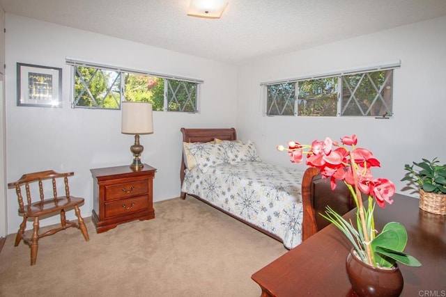carpeted bedroom with a textured ceiling