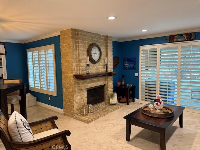 9033 Mandarin Ave, Rancho Cucamonga, CA 91701 - living area with ornamental molding, baseboards, a fireplace, and recessed lighting