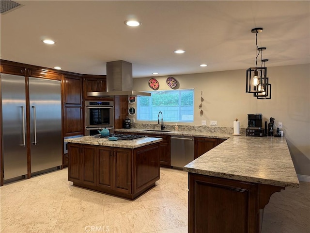 9033 Mandarin Ave, Rancho Cucamonga, CA 91701 - kitchen with stainless steel appliances, a sink, island range hood, recessed lighting, and dark brown cabinets