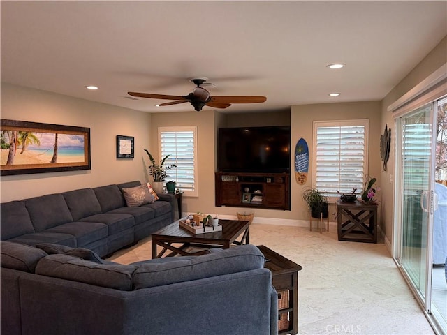 9033 Mandarin Ave, Rancho Cucamonga, CA 91701 - living area featuring a ceiling fan, recessed lighting, and baseboards