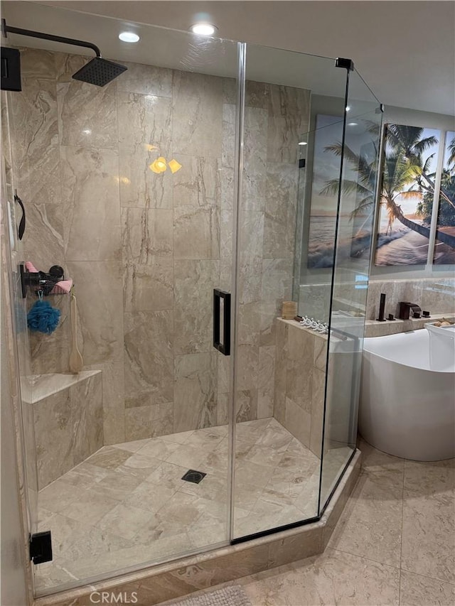 9033 Mandarin Ave, Rancho Cucamonga, CA 91701 - full bathroom with a soaking tub, a stall shower, and recessed lighting