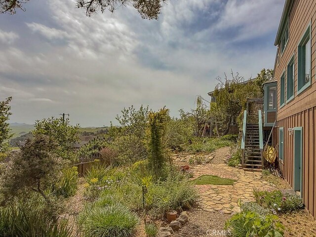 view of yard featuring a patio and stairs