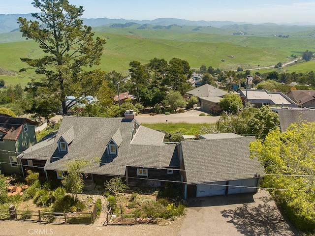 birds eye view of property featuring a mountain view and a residential view