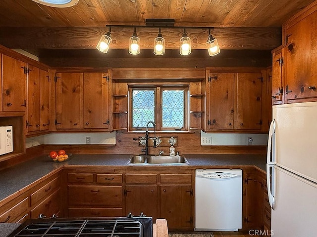 kitchen featuring open shelves, a sink, white appliances, wood ceiling, and brown cabinetry