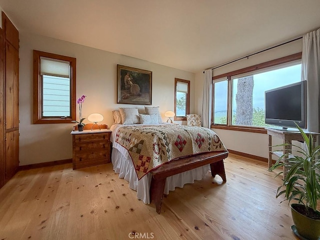 bedroom featuring light wood-style flooring and baseboards