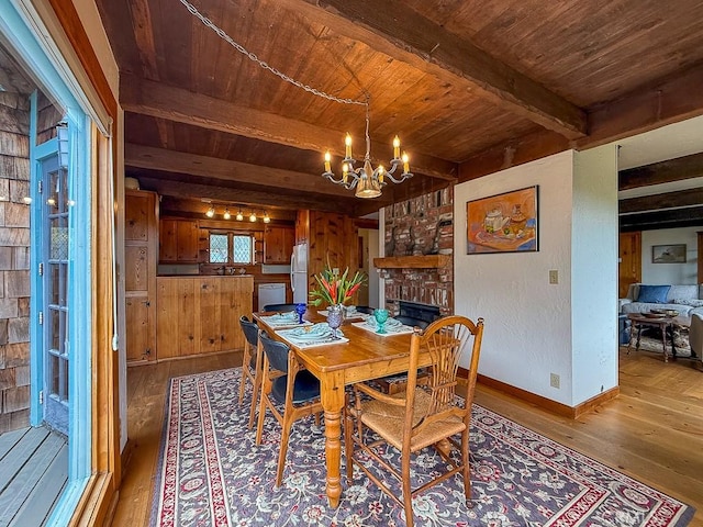 dining space with beamed ceiling, hardwood / wood-style flooring, wooden ceiling, and a notable chandelier
