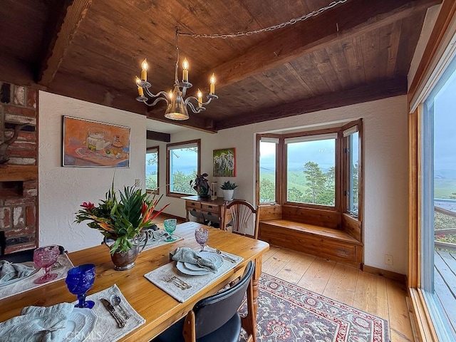 dining space featuring a wealth of natural light, hardwood / wood-style flooring, an inviting chandelier, beamed ceiling, and wooden ceiling