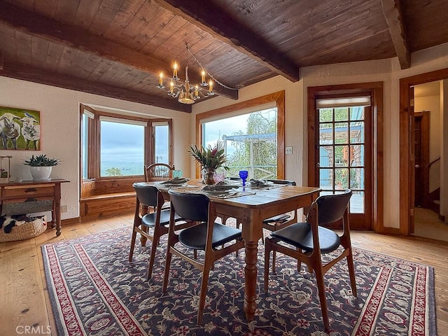 dining space featuring wooden ceiling, a chandelier, beamed ceiling, and light wood-type flooring