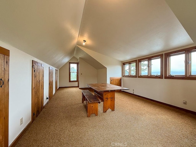 bonus room with vaulted ceiling, baseboards, and light carpet