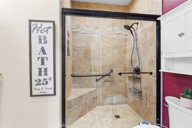 full bathroom featuring a shower stall and toilet