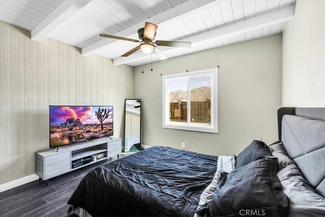 6558 Juniper Ave Unit 29, Palms, CA 92277 - bedroom featuring beam ceiling, baseboards, dark wood-style flooring, and wooden ceiling