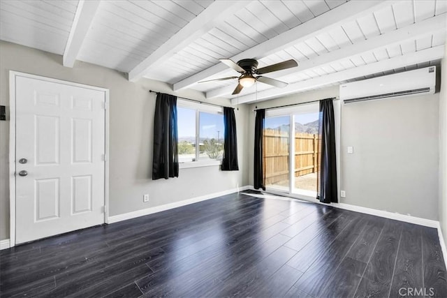 6558 Juniper Ave Unit 29, Palms, CA 92277 - unfurnished room featuring baseboards, a ceiling fan, an AC wall unit, and dark wood finished floors