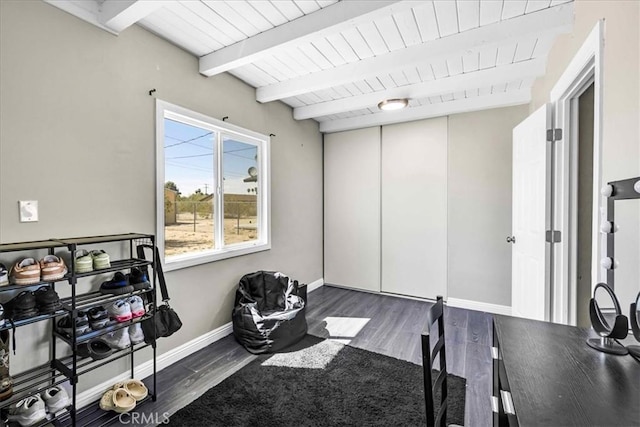 6558 Juniper Ave Unit 29, Palms, CA 92277 - exercise room featuring wooden ceiling, baseboards, and dark wood-style flooring
