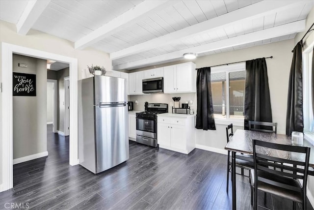 6558 Juniper Ave Unit 29, Palms, CA 92277 - kitchen with beam ceiling, white cabinets, baseboards, appliances with stainless steel finishes, and dark wood-type flooring