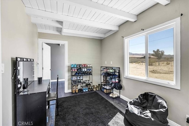 6558 Juniper Ave Unit 29, Palms, CA 92277 - exercise room with wooden ceiling, baseboards, and dark wood-style flooring