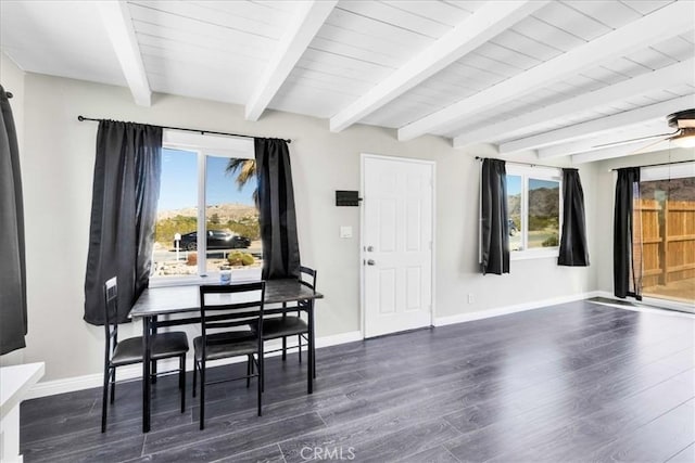6558 Juniper Ave Unit 29, Palms, CA 92277 - dining space with beamed ceiling, baseboards, and dark wood-style floors