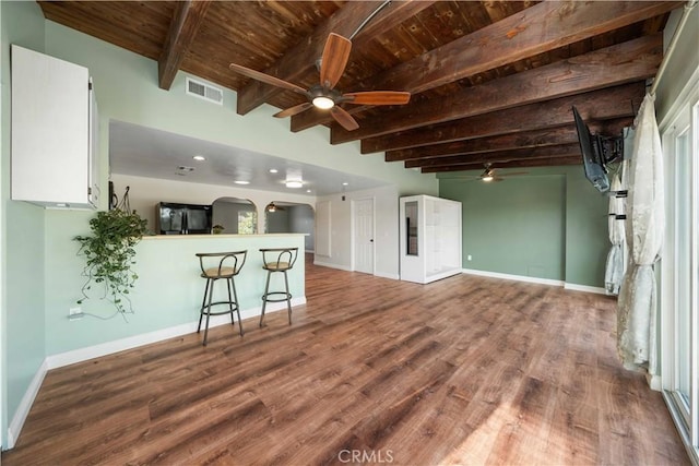 12521 Mcferon Rd, Poway, CA 92064 - kitchen featuring a ceiling fan, wood ceiling, beam ceiling, open floor plan, and baseboards