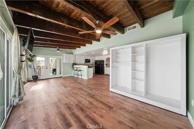 12521 Mcferon Rd, Poway, CA 92064 - unfurnished living room featuring a ceiling fan, wooden ceiling, beam ceiling, wood finished floors, and french doors