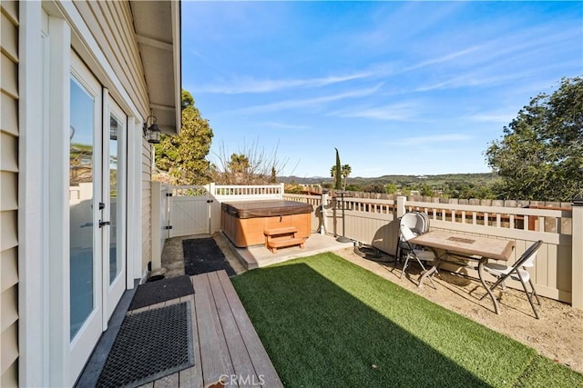 12521 Mcferon Rd, Poway, CA 92064 - view of yard featuring a hot tub, a wooden deck, and a patio