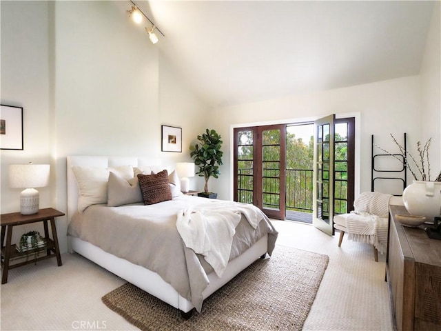 4300 Via Alondra, Palos Verdes Estates, CA 90274 - bedroom featuring rail lighting, light colored carpet, high vaulted ceiling, and access to outside