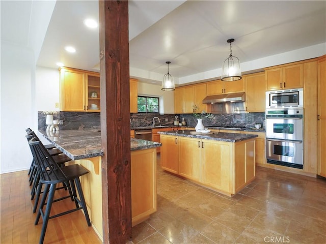 4300 Via Alondra, Palos Verdes Estates, CA 90274 - kitchen with stainless steel appliances, backsplash, under cabinet range hood, and dark stone counters