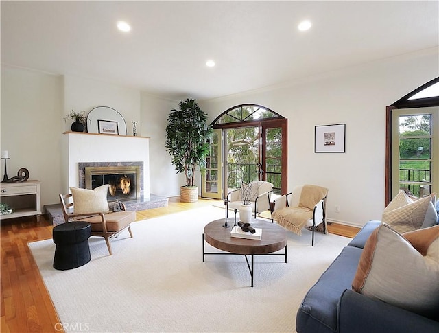 4300 Via Alondra, Palos Verdes Estates, CA 90274 - living area featuring recessed lighting, a premium fireplace, wood finished floors, and a healthy amount of sunlight