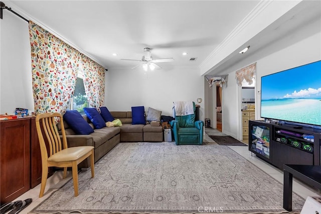 living area with recessed lighting, visible vents, a ceiling fan, and ornamental molding