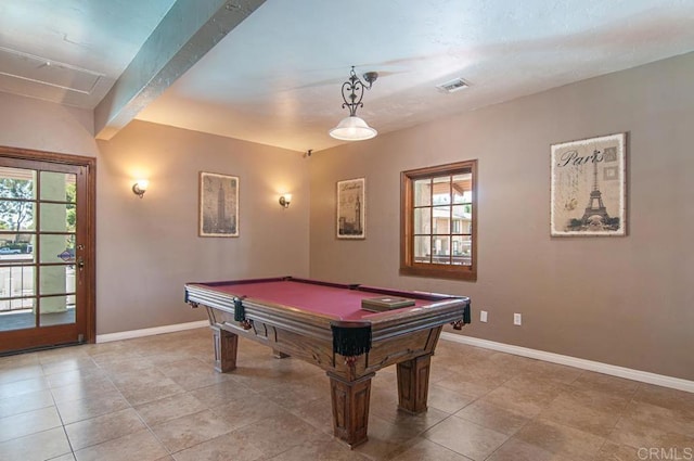 game room featuring pool table, a wealth of natural light, baseboards, and light tile patterned floors
