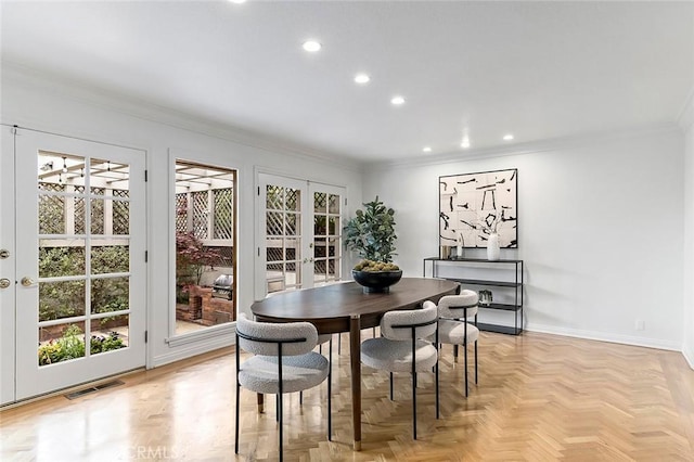 dining room with french doors, visible vents, baseboards, recessed lighting, and crown molding